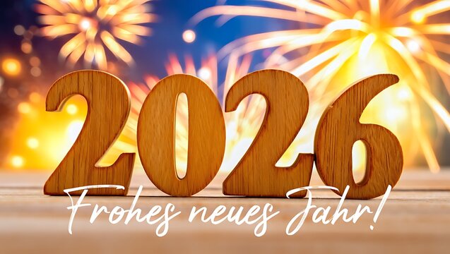 Wooden numbers 2026 with German text 'Frohes neues Jahr' and fireworks.