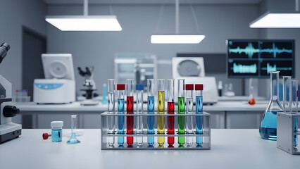 Colorful Chemical Solutions in Test Tubes on a Lab Bench with Scientific Equipment in Background