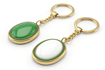 Pair of elegant gold plated keychains featuring oval inserts one green and one blank white
