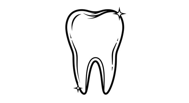 Clean black and white line art illustration of a healthy human tooth with sparkling highlights isolated on a white background.