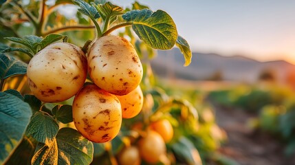 Bunch of potatoes hanging from a plant. The potatoes are yellow and have brown spots. The scene is set in a field with mountains in the background