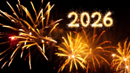 Sparkling fireworks and the year 2026 written in glowing sparklers on black background