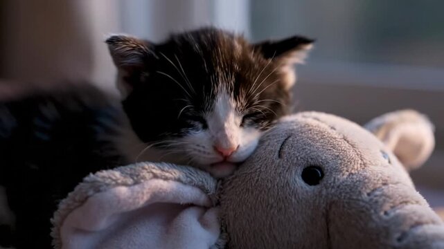 A cute black and white kitten resting its head on a soft, light brown stuffed elephant toy indoors.