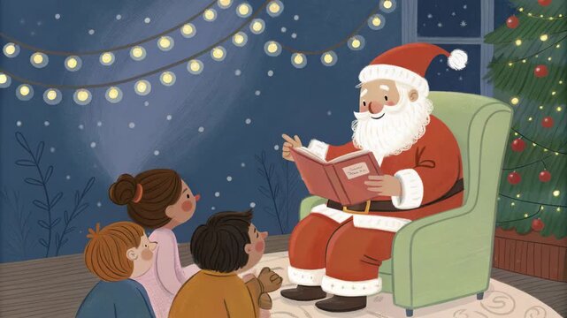 Santa Claus reading a Christmas story to excited children in a cozy room with festive lights for holiday tradition concept and childhood wonder