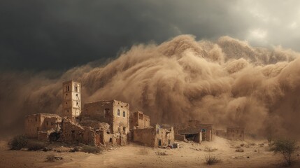 Sandstorm Engulfing Old Stone Buildings Under Ominous Sky