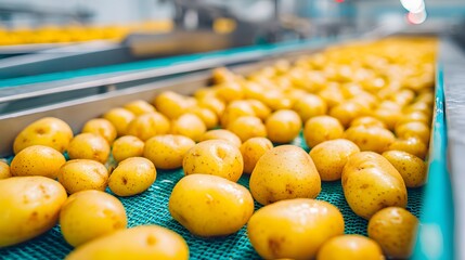 Conveyor belt is filled with yellow potatoes. The potatoes are piled up in rows and are being sorted