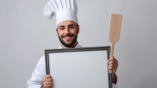 A Chef wearing a white coat and hat holding a blank whiteboard 4K Videos