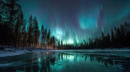 Northern Lights Display Over Icy Lake Reflecting Forest Silhouette