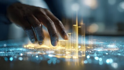 A hand interacting with a glowing digital city and data visualization