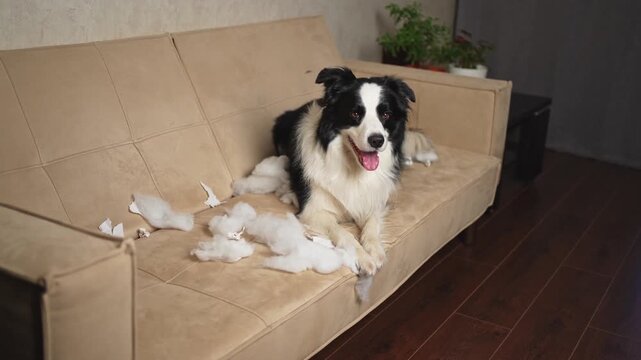 Naughty playful puppy dog border collie after mischief biting paper lying on couch at home. Guilty dog and destroyed living room. Damage messy home and puppy with funny guilty look