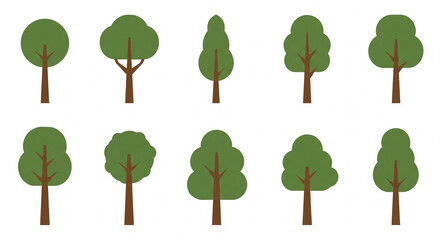 Simple tree symbols with trunk and green crown vector set isolated on white background