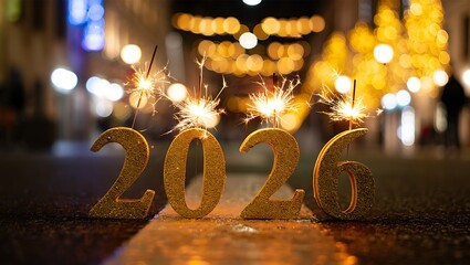 Glittering gold numbers 2026 with sparklers on wet street at night, bokeh lights.