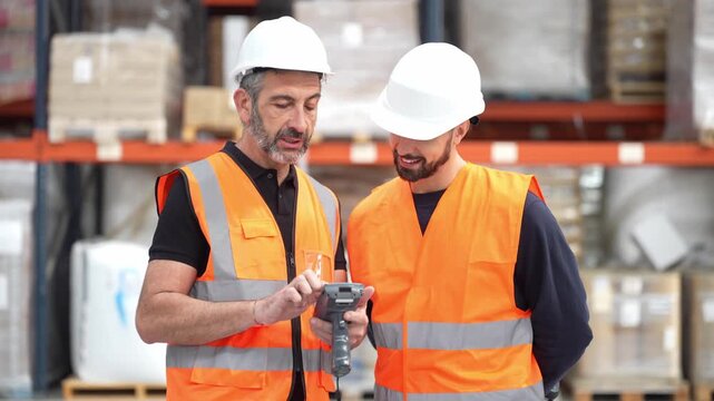 Warehouse supervisor training new employee with barcode scanner