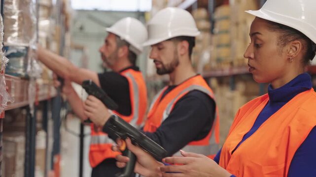 Warehouse workers scanning barcodes for inventory management