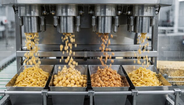 Medium framing of precise portion control as multihead weighing systems drop discrete amounts into mediumsized packaging hoppers for varied product sizes.