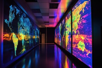 Visualization of global data trends on vibrant displays in a modern technology center