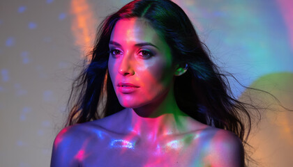 Artistic portrait of woman illuminated by rainbow lights with colorful reflections and dramatic lighting
