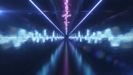 Abstract Neon Laser Tunnel with Sound Wave Visualization.