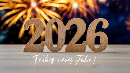 Wooden numbers 2026 with text Frohes neues Jahr and fireworks background