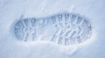 Snowy footprint imprinted in fresh white snow, showcasing detailed tread patterns and textures, representing winter exploration and outdoor adventure in a serene environment