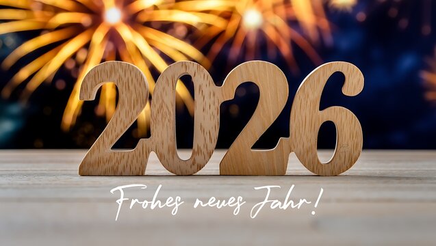 Wooden numbers 2026 with text Frohes neues Jahr and fireworks background