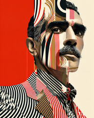 Conceptual portrait of man with mustache in striped abstract patterns with vertical red and beige design
