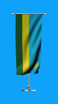 Realistic Standing Vertical  Wavy Flag Banner of RWANDA on Metallic Pole with Loop Animation