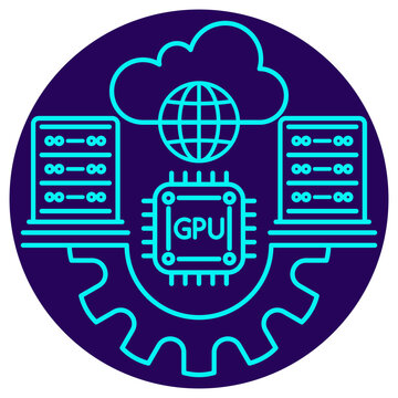 Machine Learning Infrastructure and Computing Icon. Minimalistic neon outline on a dark blue round background. Vector illustration of a central GPU chip connecting to server stacks