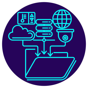 Data Integration Icon. Minimalistic neon outline on a dark blue round background. Vector illustration of data flowing from diverse sources (cloud, servers, globe, sensors) into a centralized folder
