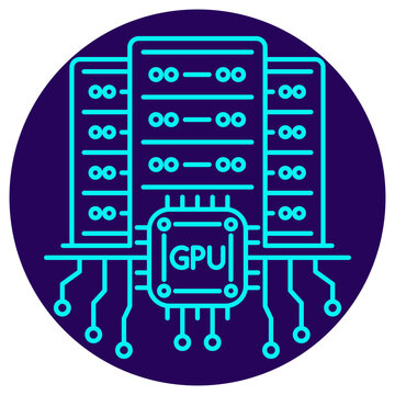 AI Acceleration Icon. Minimalistic neon outline on a dark blue round background. Vector illustration of a central GPU chip connecting to three server racks, symbolizing high-performance computing HPC