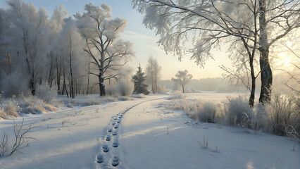 road in the snow, Realistic winter forest trail with fresh snow, footprints leading into the distance, soft morning glow