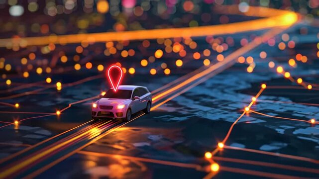 Smart car on digital map with GPS navigation pin at night.
