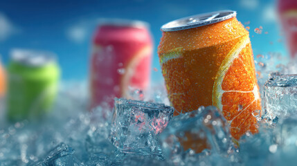 Colorful soda cans in ice with water droplets and condensation under blue sky background
