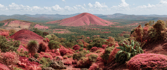 Surreal pink‑toned landscape with rolling hills and dramatic skies in fantasy terrain
