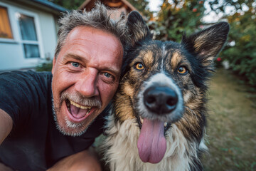 Happy man taking selfie with dog outdoors in backyard, joyful moment with pet companion
