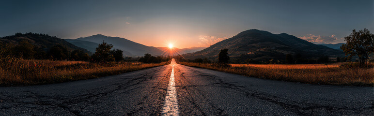 banner of  winding road through golden fields leading to mountains at dramatic sunset with vibrant sky
