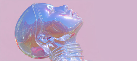 Futuristic female chrome head sculpture with iridescent reflections on pastel pink background
