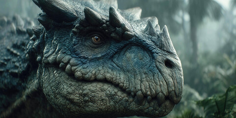 Dinosaur explores primeval forest in a dramatic movie scene