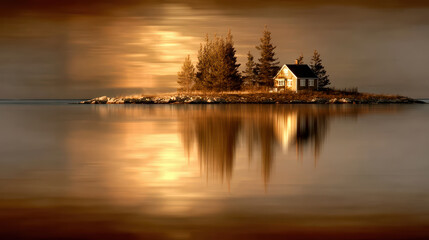 Cozy cabin in snowy forest reflecting in tranquil lake at golden sunset in winter landscape
