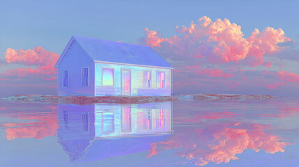 Surreal pastel house reflected in calm water with pink clouds at dreamy sunset sky
