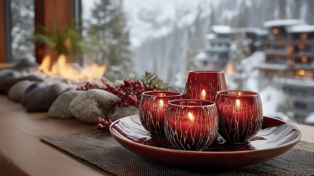 Winter Snowy Scenery Fireplace Candlelight Creating Cozy Christmas Atmosphere