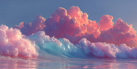 Pastel-colored ocean wave crashing under glowing pink clouds at dreamy sunset sky
