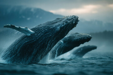 Whales leaping from ocean surface in close up view at twilight in vibrant blue waters