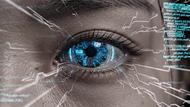 Closeup of human eye with futuristic digital iris overlay
