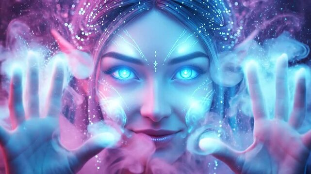 Elf nymph portrait surrounded by neon magic fog, highly detailed and artistic.