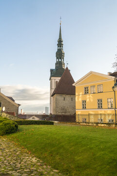 View of a serene landscape featuring the towering St. Olaf's Church spire against a pale blue sky, contrasting with the golden hues of nearby buildings, Tallinn, Harju County, Estonia.