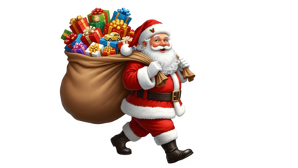 Joyful Cartoon Santa Claus Walking and Carrying a Large Sack of Colorful Presents for Christmas