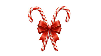 Two Traditional Red and White Striped Candy Canes Tied Together with a Decorative Red Ribbon Bow