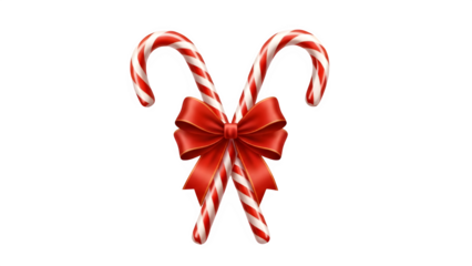 Two Traditional Red and White Striped Candy Canes Tied Together with a Decorative Red Ribbon Bow