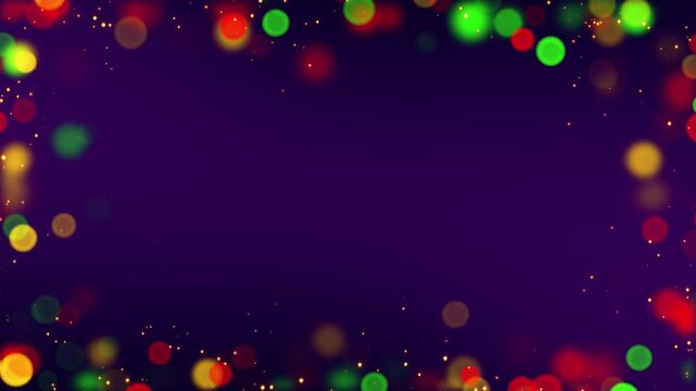 christmas and new year border frame glitter stars and red green bokeh lights animation ,camera focus and blur shiny and glowing gold particles social media motion background